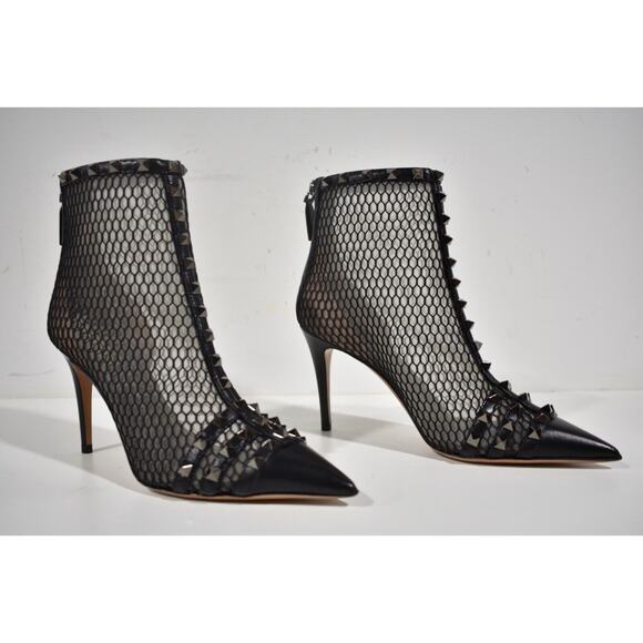 Valentino Rockstud Black Mesh Leather Stud Heel Pointed Toe Ankle Boot Bootie 37 - Picture 4 of 12